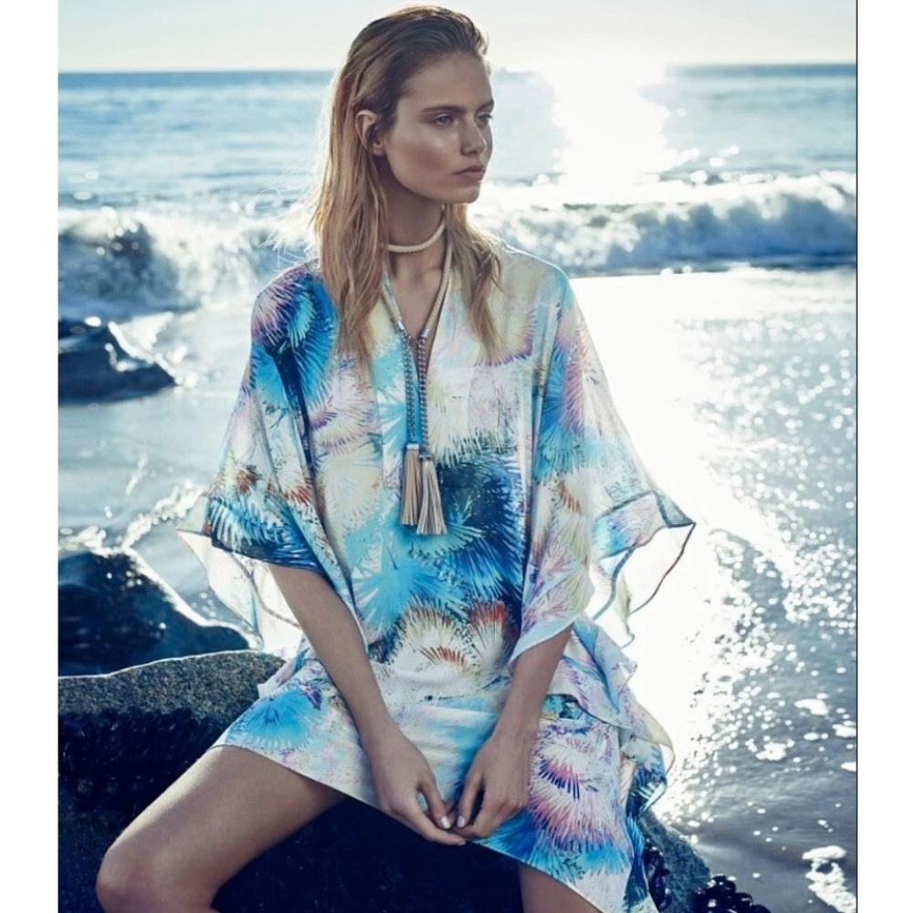 SALE BCBGMAXAZRIA Dove Kaftan Swimsuit Cover Up Top Aqua Combo Caftan Flowy XS/S